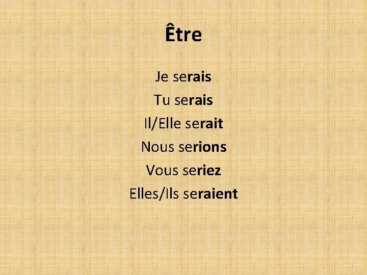 Être Je serais Tu serais Il/Elle serait Nous serions Vous seriez Elles/Ils seraient Être Je serais Tu serais Il/Elle serait Nous serions Vous seriez Elles/Ils seraient