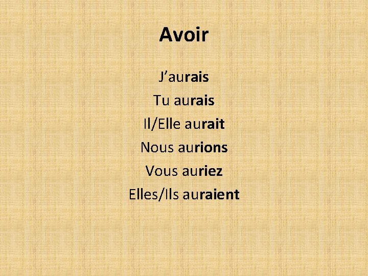 Avoir J’aurais Tu aurais Il/Elle aurait Nous aurions Vous auriez Elles/Ils auraient Avoir J’aurais Tu aurais Il/Elle aurait Nous aurions Vous auriez Elles/Ils auraient