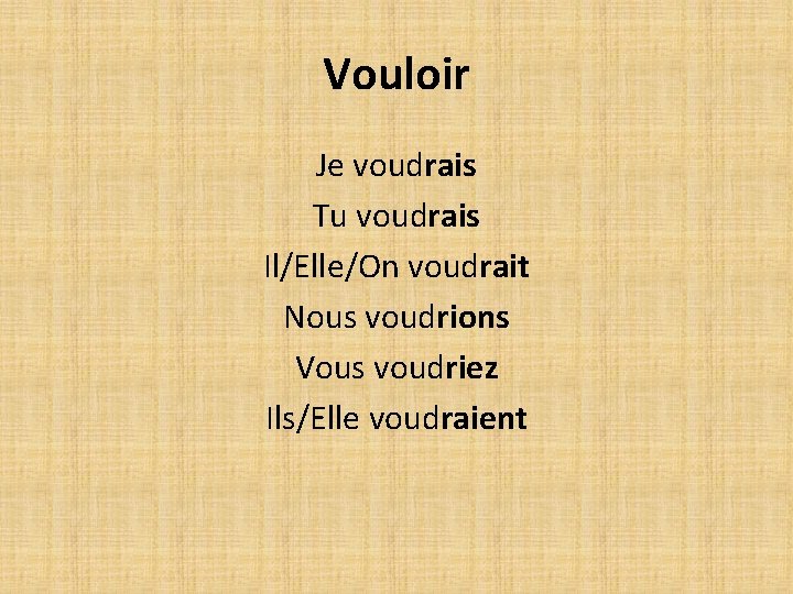 Vouloir Je voudrais Tu voudrais Il/Elle/On voudrait Nous voudrions Vous voudriez Ils/Elle voudraient Vouloir Je voudrais Tu voudrais Il/Elle/On voudrait Nous voudrions Vous voudriez Ils/Elle voudraient