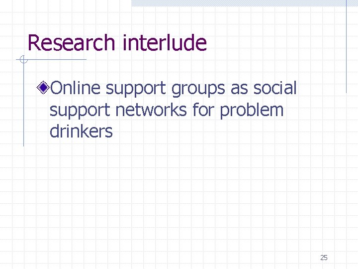 Research interlude Online support groups as social support networks for problem drinkers 25 