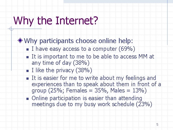 Why the Internet? Why participants choose online help: n n n I have easy