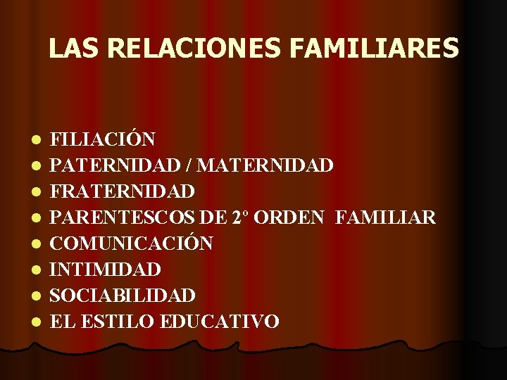 LAS RELACIONES FAMILIARES l l l l FILIACIÓN PATERNIDAD / MATERNIDAD FRATERNIDAD PARENTESCOS DE