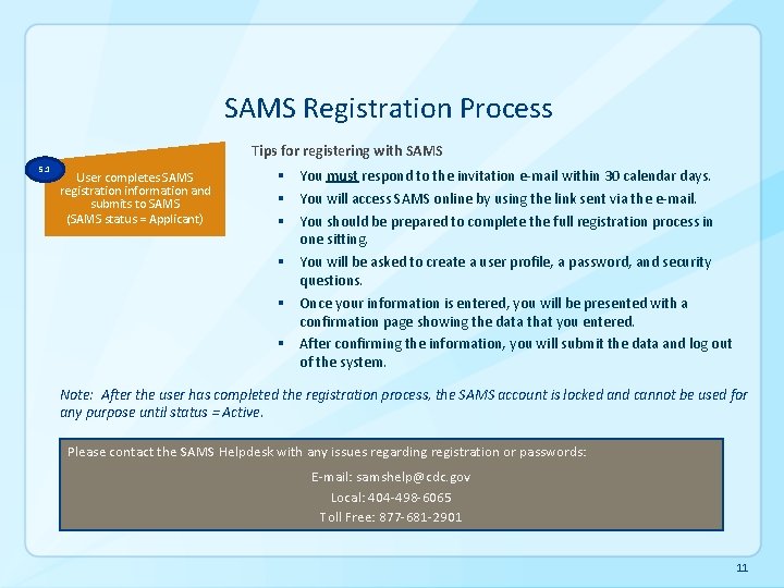 SAMS Registration Process Tips for registering with SAMS 5. 1 User completes SAMS registration SAMS Registration Process Tips for registering with SAMS 5. 1 User completes SAMS registration