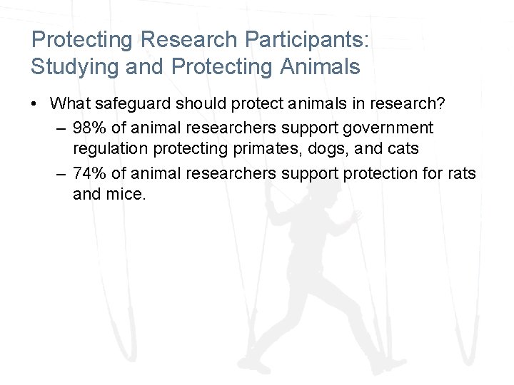 Protecting Research Participants: Studying and Protecting Animals • What safeguard should protect animals in