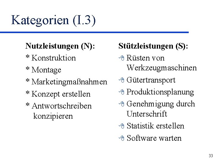 Kategorien (I. 3) Nutzleistungen (N): * Konstruktion * Montage * Marketingmaßnahmen * Konzept erstellen