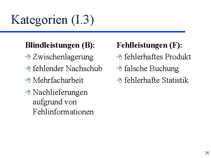 Kategorien (I. 3) Blindleistungen (B): 8 Zwischenlagerung 8 fehlender Nachschub 8 Mehrfacharbeit 8 Nachlieferungen