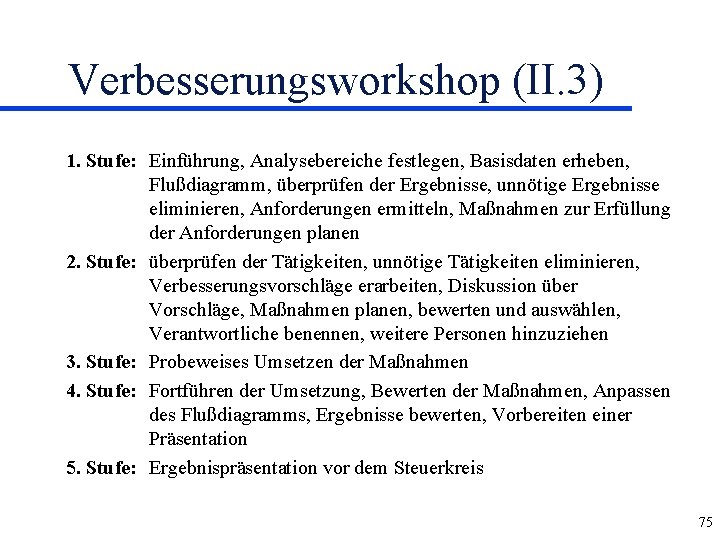 Verbesserungsworkshop (II. 3) 1. Stufe: Einführung, Analysebereiche festlegen, Basisdaten erheben, Flußdiagramm, überprüfen der Ergebnisse,