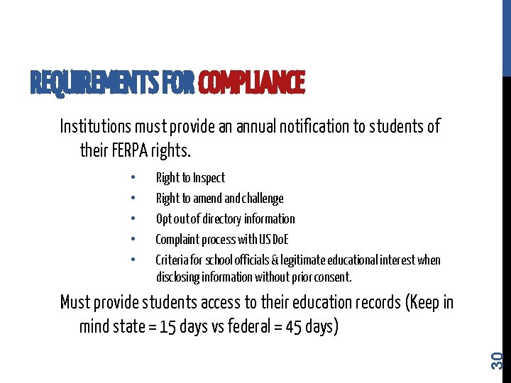 REQUIREMENTS FOR COMPLIANCE Institutions must provide an annual notification to students of their FERPA REQUIREMENTS FOR COMPLIANCE Institutions must provide an annual notification to students of their FERPA