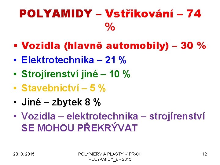 POLYAMIDY – Vstřikování – 74 % • • • Vozidla (hlavně automobily) – 30