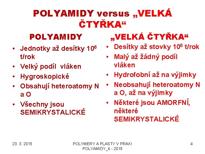 POLYAMIDY versus „VELKÁ ČTYŘKA“ POLYAMIDY • Jednotky až desítky 106 t/rok • Velký podíl