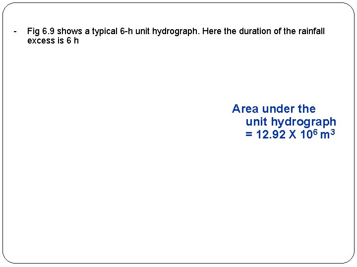 - Fig 6. 9 shows a typical 6 -h unit hydrograph. Here the duration