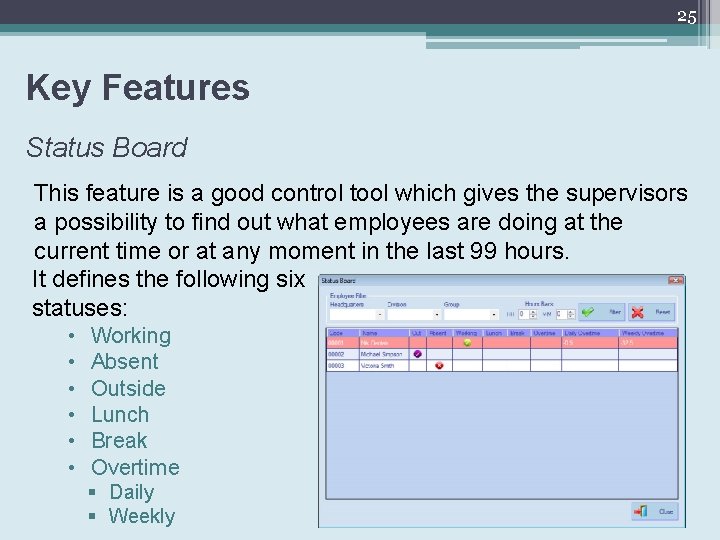 25 Key Features Status Board This feature is a good control tool which gives