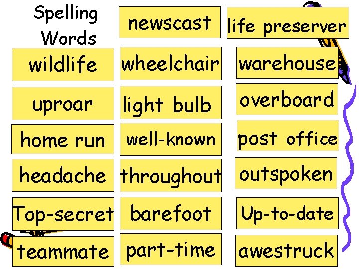 Spelling Words newscast life preserver wildlife wheelchair warehouse uproar light bulb overboard home run