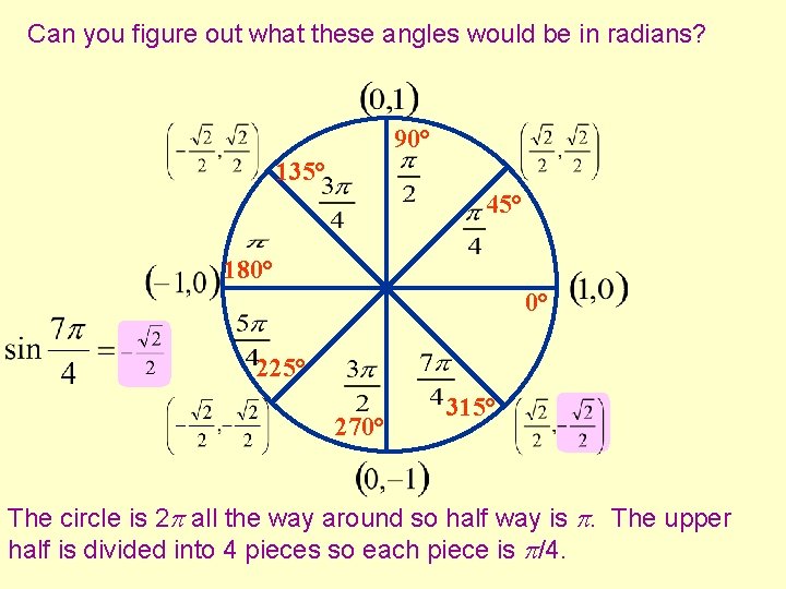 Can you figure out what these angles would be in radians? 90° 135° 45°