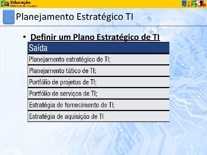 Planejamento Estratégico TI • Definir um Plano Estratégico de TI 