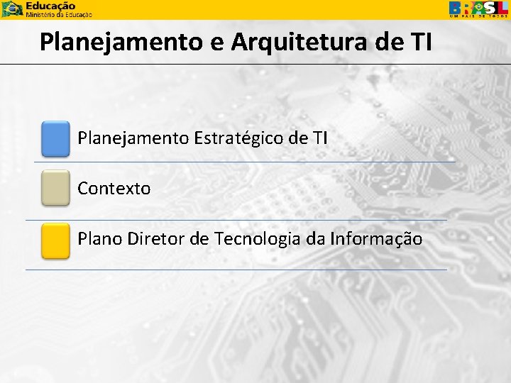 Planejamento e Arquitetura de TI Planejamento Estratégico de TI Contexto Plano Diretor de Tecnologia