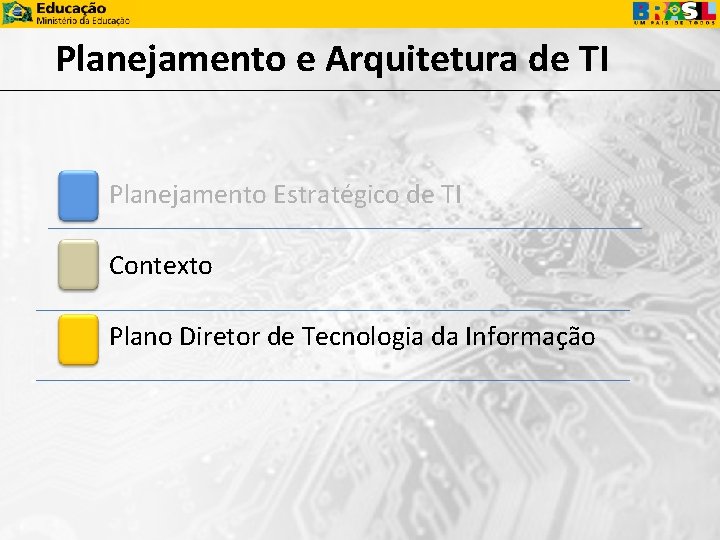 Planejamento e Arquitetura de TI Planejamento Estratégico de TI Contexto Plano Diretor de Tecnologia