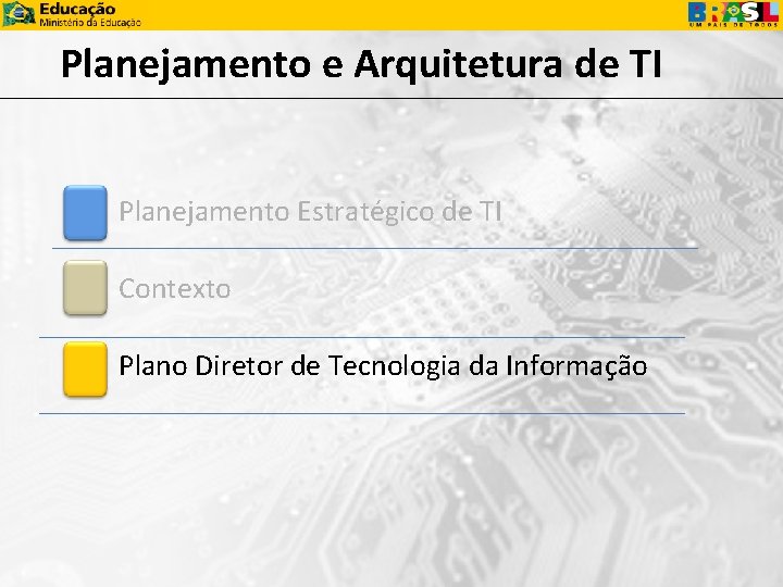 Planejamento e Arquitetura de TI Planejamento Estratégico de TI Contexto Plano Diretor de Tecnologia