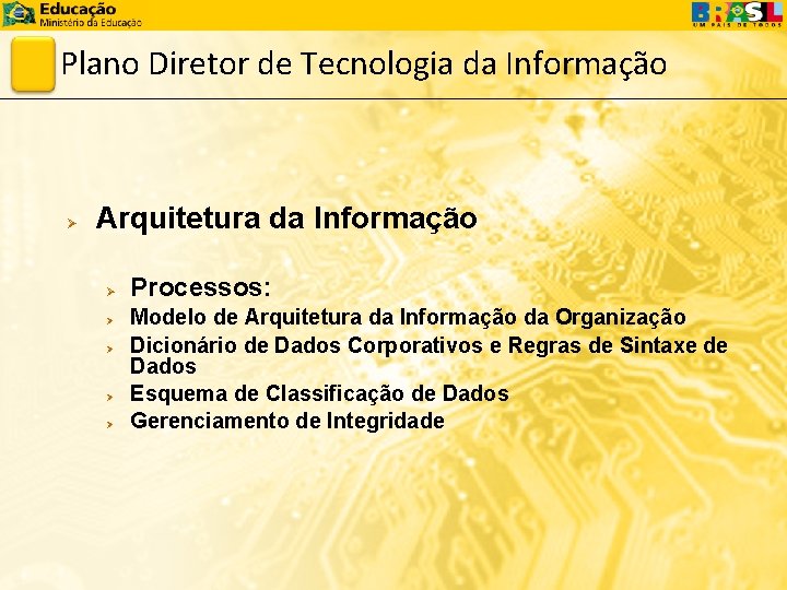 Plano Diretor de Tecnologia da Informação Ø Arquitetura da Informação Ø Ø Ø Processos: