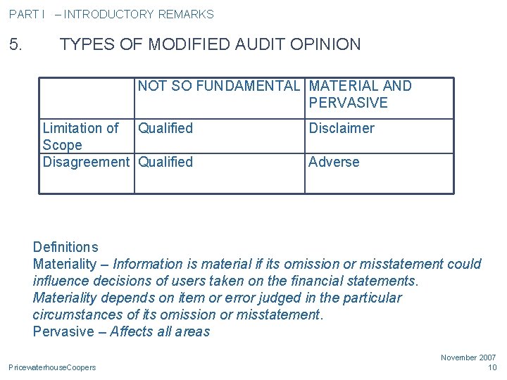 PART I – INTRODUCTORY REMARKS 5. TYPES OF MODIFIED AUDIT OPINION NOT SO FUNDAMENTAL