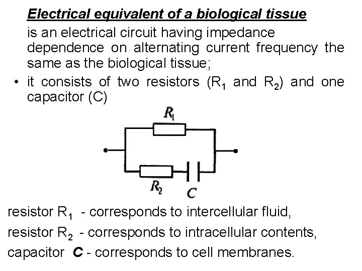 Electrical equivalent of a biological tissue is an electrical circuit having impedance dependence on