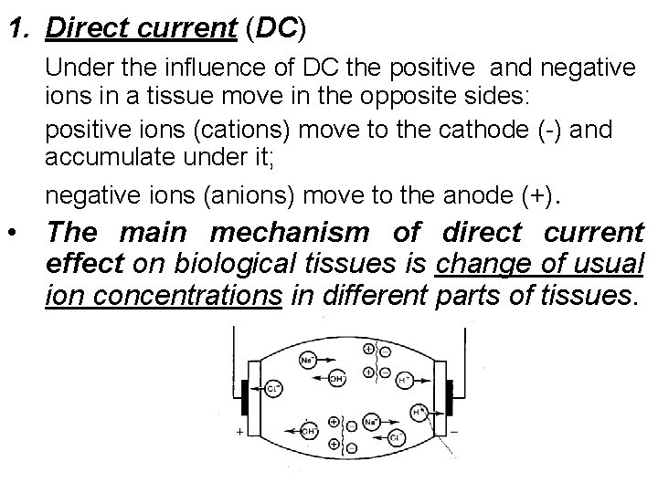 1. Direct current (DC) Under the influence of DC the positive and negative ions