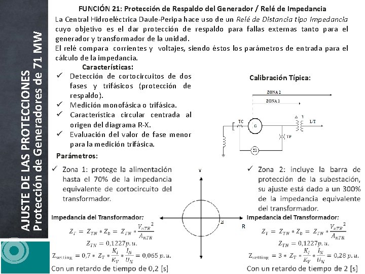 AJUSTE DE LAS PROTECCIONES Protección de Generadores de 71 MW FUNCIÓN 21: Protección de