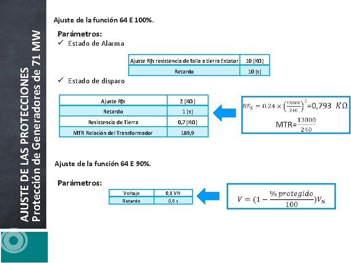 AJUSTE DE LAS PROTECCIONES Protección de Generadores de 71 MW Ajuste de la función