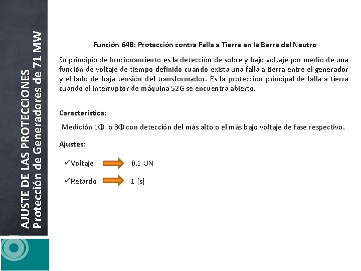 AJUSTE DE LAS PROTECCIONES Protección de Generadores de 71 MW Función 64 B: Protección