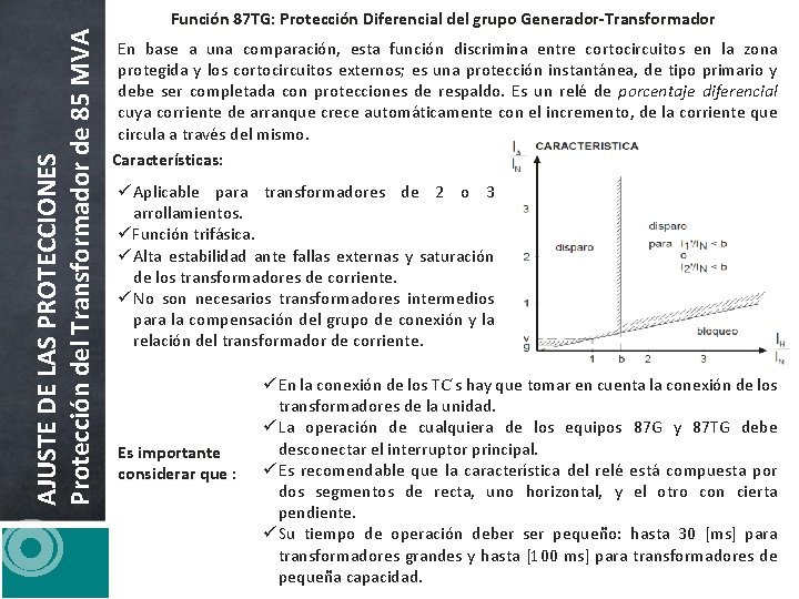 AJUSTE DE LAS PROTECCIONES Protección del Transformador de 85 MVA Función 87 TG: Protección