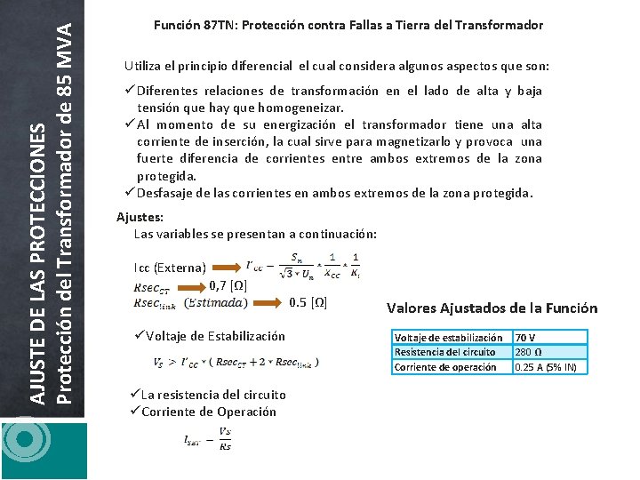 AJUSTE DE LAS PROTECCIONES Protección del Transformador de 85 MVA Función 87 TN: Protección