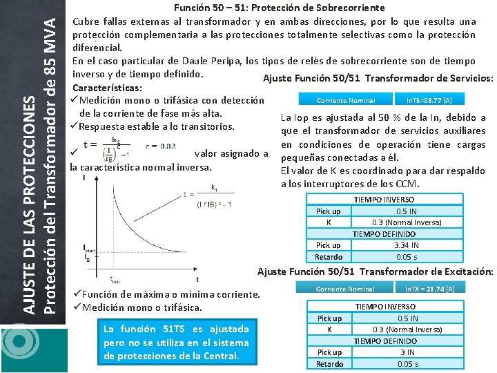 AJUSTE DE LAS PROTECCIONES Protección del Transformador de 85 MVA Función 50 – 51: