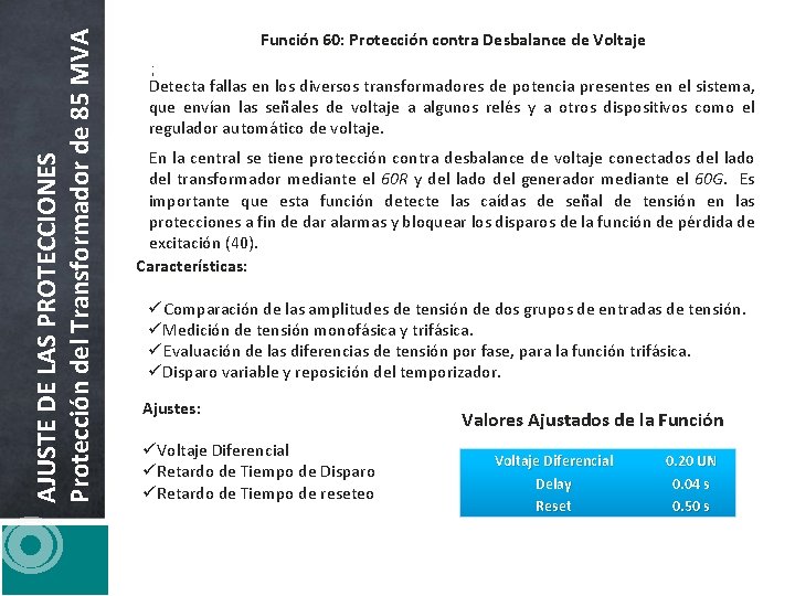 AJUSTE DE LAS PROTECCIONES Protección del Transformador de 85 MVA Función 60: Protección contra