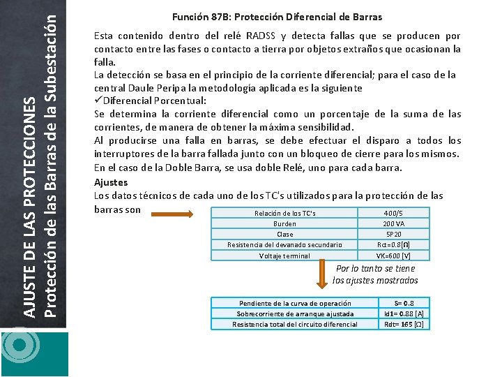 AJUSTE DE LAS PROTECCIONES Protección de las Barras de la Subestación Función 87 B: