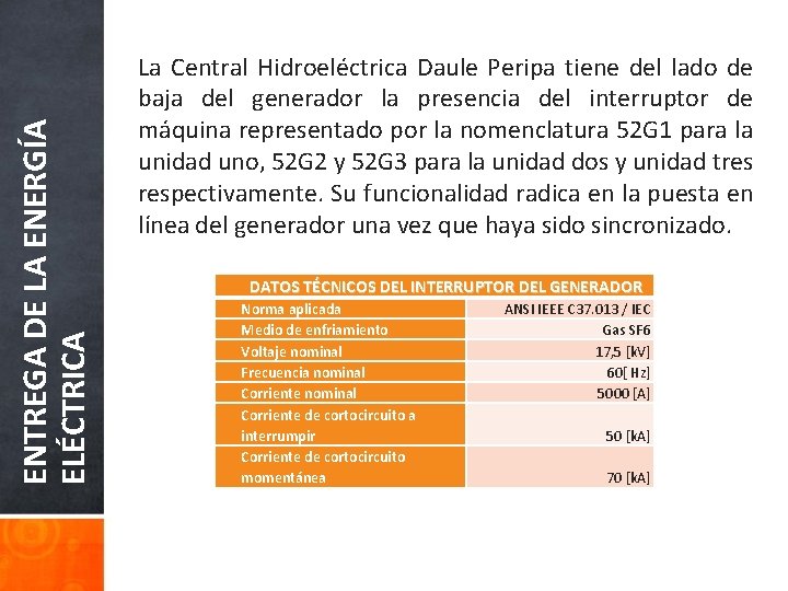 ENTREGA DE LA ENERGÍA ELÉCTRICA La Central Hidroeléctrica Daule Peripa tiene del lado de