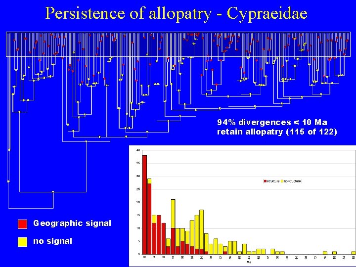 Persistence of allopatry - Cypraeidae 94% divergences < 10 Ma retain allopatry (115 of