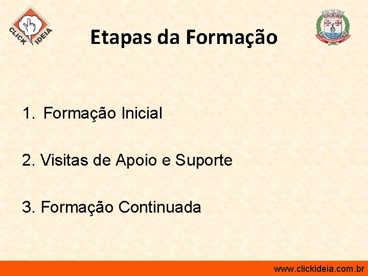 Etapas da Formação 1. Formação Inicial 2. Visitas de Apoio e Suporte 3. Formação