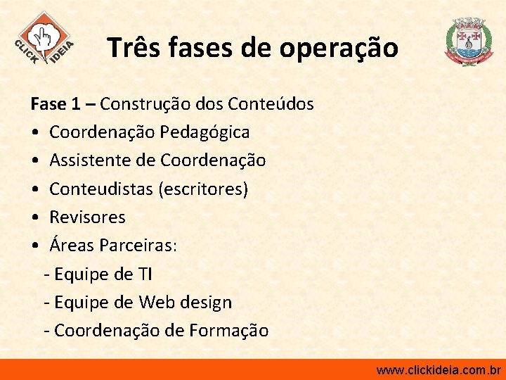 Três fases de operação Fase 1 – Construção dos Conteúdos • Coordenação Pedagógica •