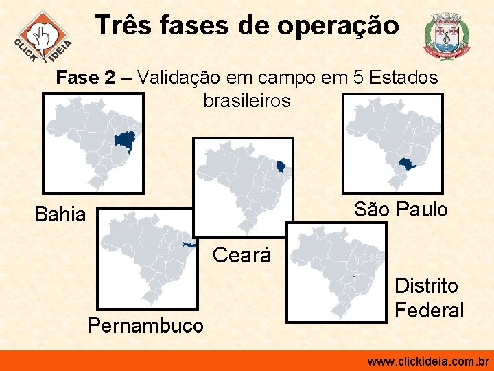 Três fases de operação Fase 2 – Validação em campo em 5 Estados brasileiros