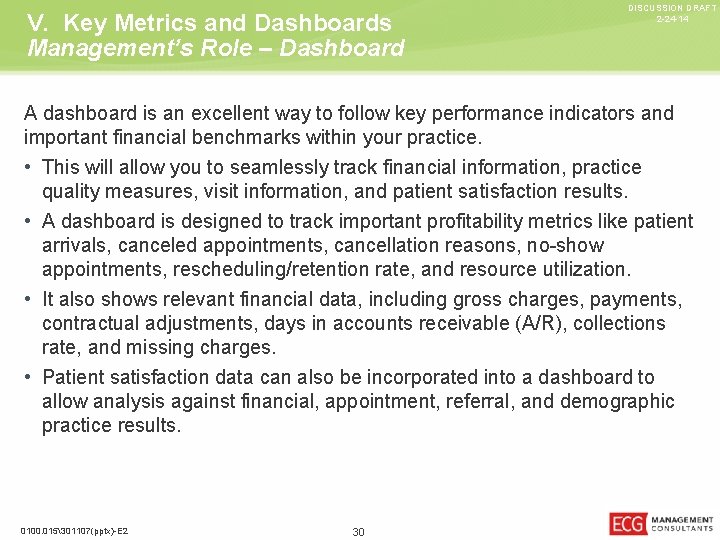 V. Key Metrics and Dashboards Management’s Role – Dashboard DISCUSSION DRAFT 2 -24 -14