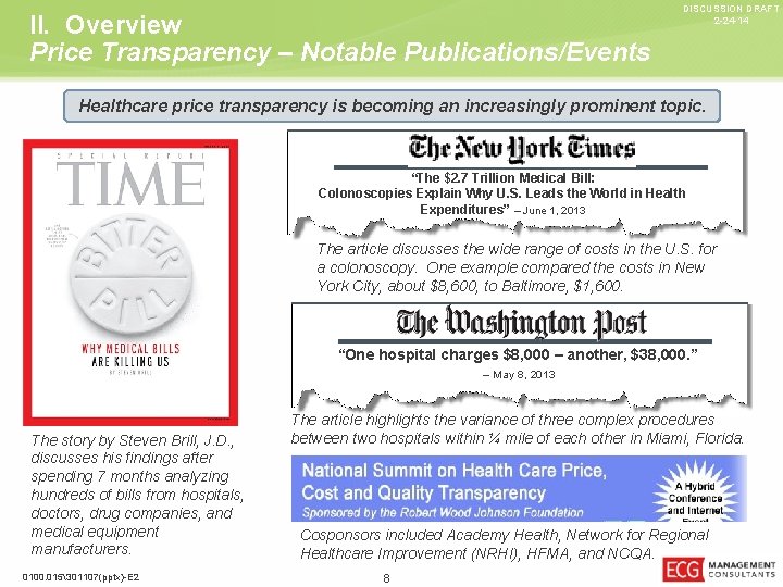 II. Overview Price Transparency – Notable Publications/Events DISCUSSION DRAFT 2 -24 -14 Healthcare price
