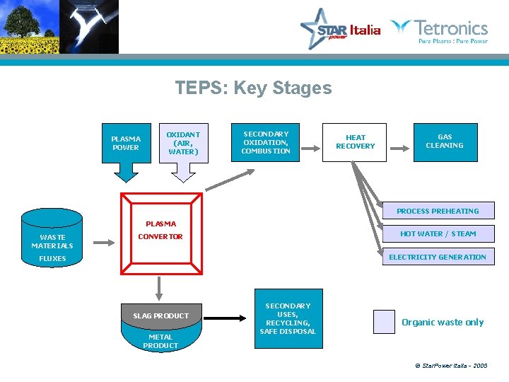 TEPS: Key Stages PLASMA POWER OXIDANT (AIR, WATER) SECONDARY OXIDATION, COMBUSTION HEAT RECOVERY GAS