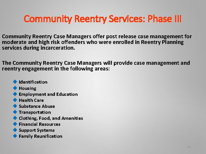 Community Reentry Services: Phase III Community Reentry Case Managers offer post release case management