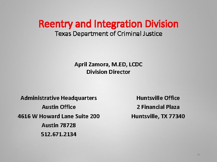 Reentry and Integration Division Texas Department of Criminal Justice April Zamora, M. ED, LCDC