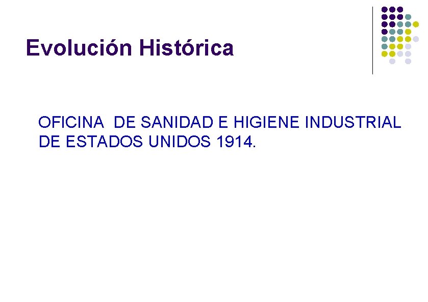 Evolución Histórica OFICINA DE SANIDAD E HIGIENE INDUSTRIAL DE ESTADOS UNIDOS 1914. 