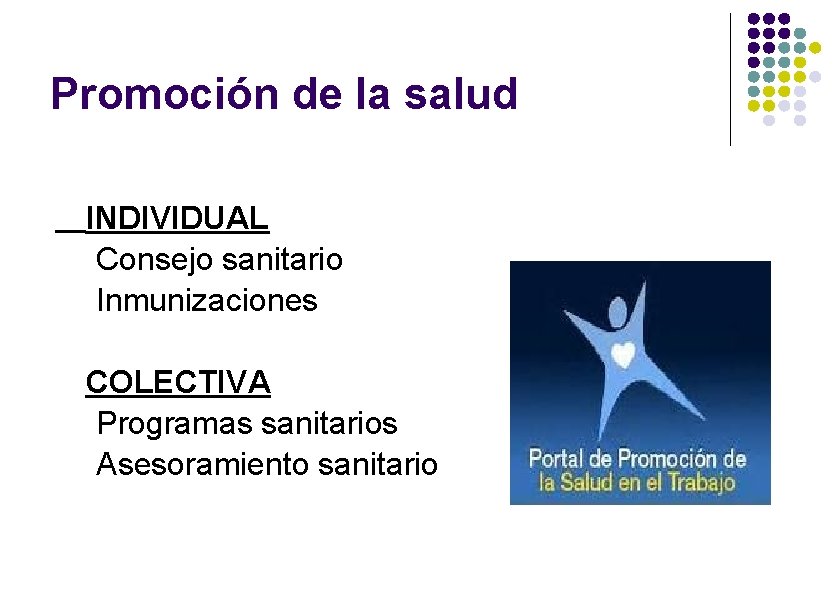 Promoción de la salud INDIVIDUAL Consejo sanitario Inmunizaciones COLECTIVA Programas sanitarios Asesoramiento sanitario 