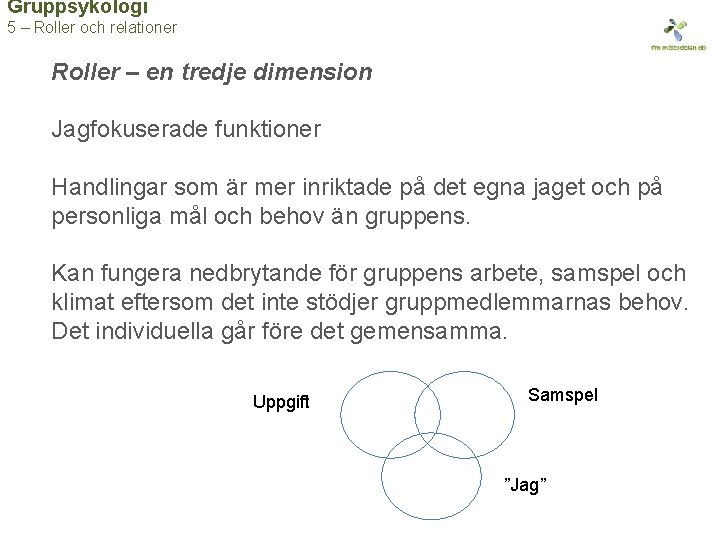 Gruppsykologi 5 – Roller och relationer Roller – en tredje dimension Jagfokuserade funktioner Handlingar