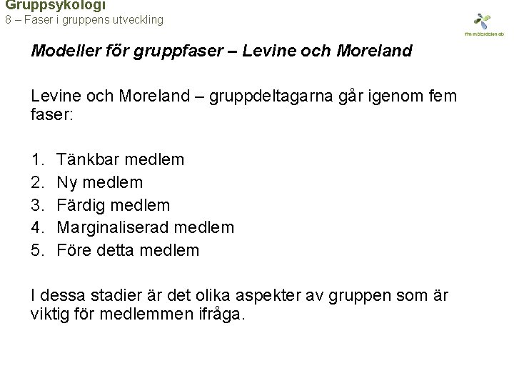 Gruppsykologi 8 – Faser i gruppens utveckling Modeller för gruppfaser – Levine och Moreland