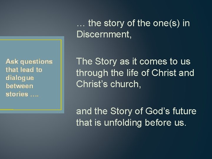 … the story of the one(s) in Discernment, Ask questions that lead to dialogue … the story of the one(s) in Discernment, Ask questions that lead to dialogue