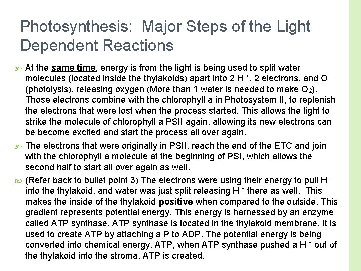 Photosynthesis: Major Steps of the Light Dependent Reactions At the same time, energy is